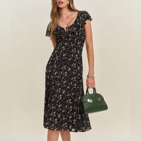 Reformation Gaelle Dress Lucien Black White Ruffle Flutter Sleeves Off Shoulder - Picture 14 of 16